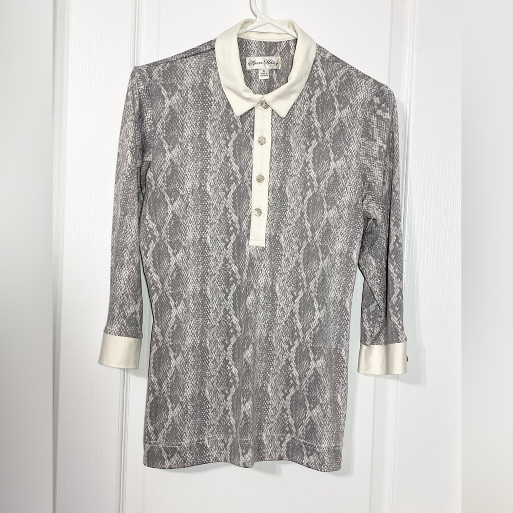 Vintage Sport Haley Gray Snakeskin Pattern Polyester Golf Shirt Cream Trim Small
